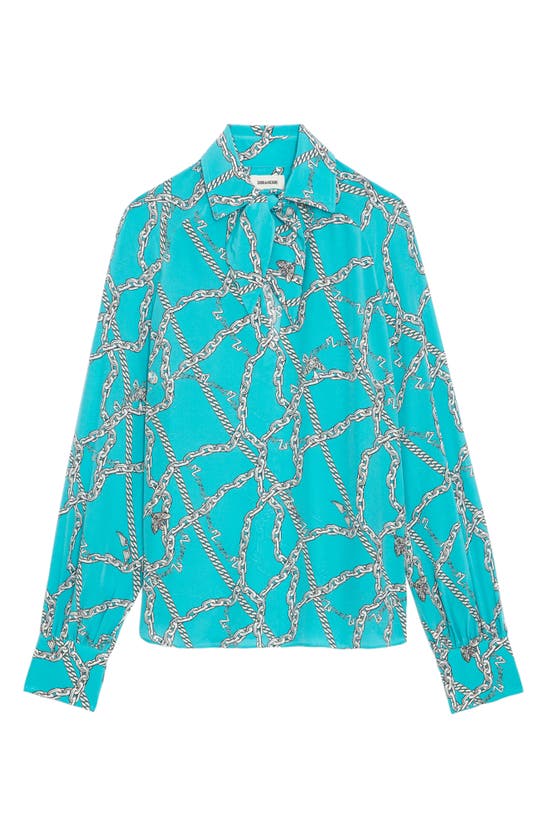 Shop Zadig & Voltaire Tuile Chain Print Balloon Sleeve Silk Top In Aqua