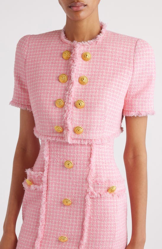Shop Balmain Gingham Tweed Short Sleeve Crop Jacket In Grid White/ Pink