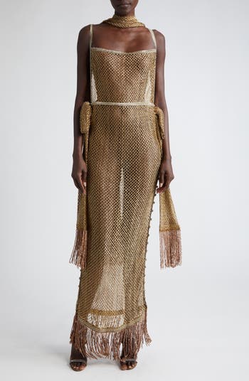 Beaded Fringe Sheer Lamé Lace Maxi Dress