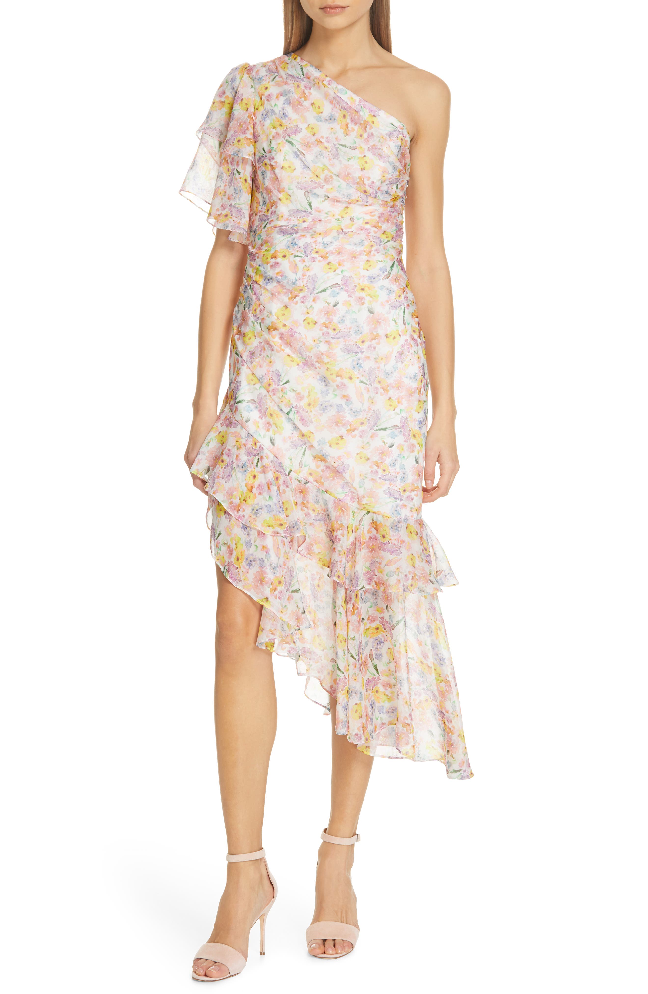 Amur Clayton Floral Print Silk One-Shoulder Dress, White
