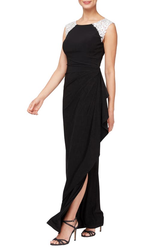 Alex Evenings Gathered Lace Gown In Black