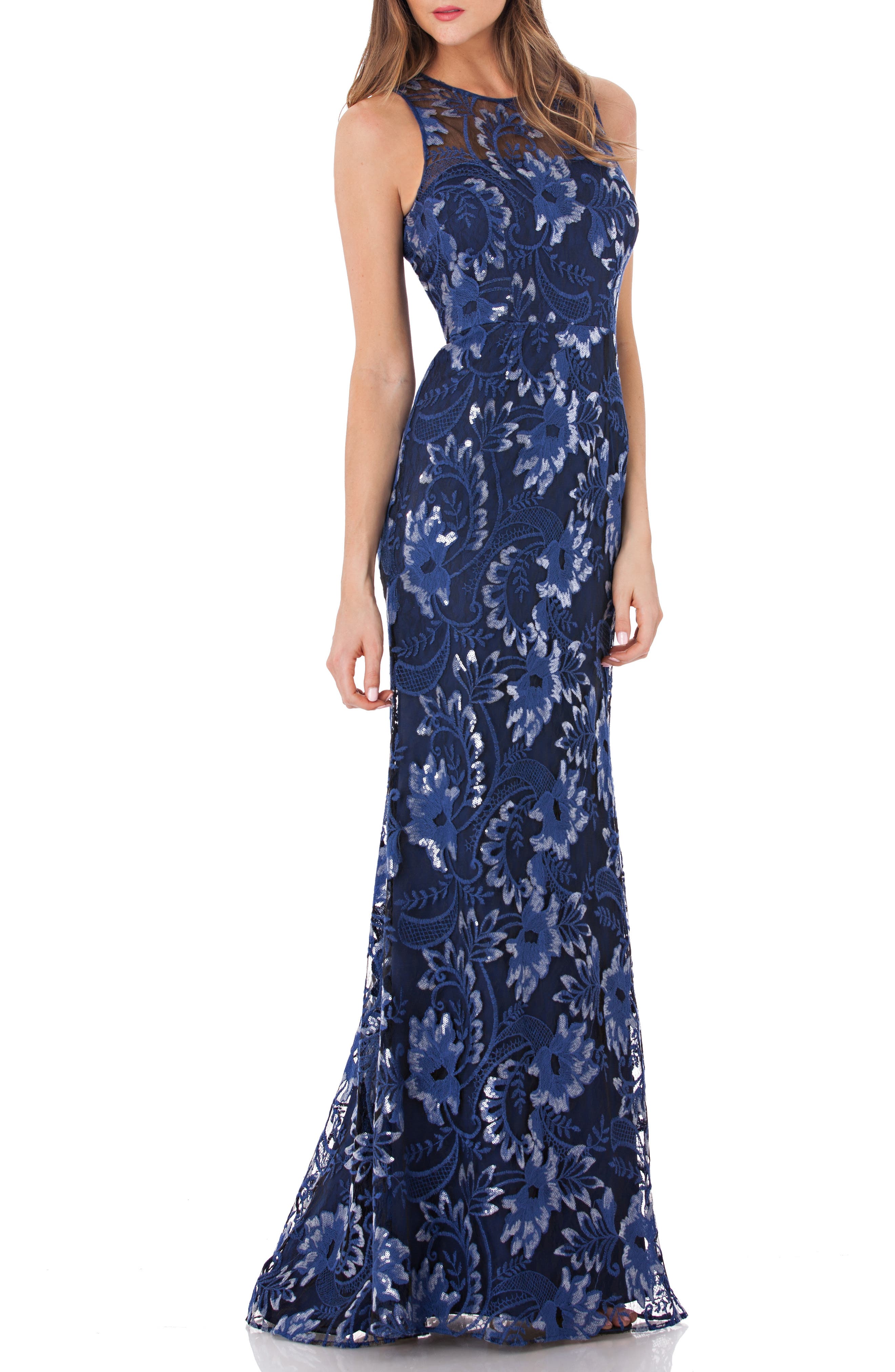 Carmen Marc Valvo Infusion Sequin Embroidered Trumpet Gown, Blue