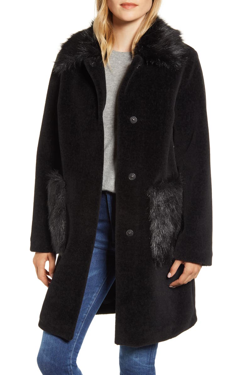 Sam Edelman Velvet Front Coat with Faux Fur Trim | Nordstrom