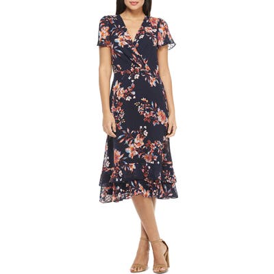 Maggy London Amelia Floral Print Swiss Dot Midi Dress, Blue