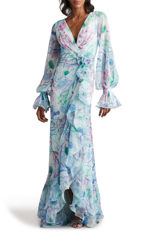 Tadashi Shoji Floral Long Sleeve Ruffle Gown Bright Aqua at Nordstrom,