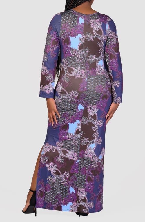 Shop 24seven Comfort Apparel Mixed Print Long Sleeve Maxi Dress In Purple Multi