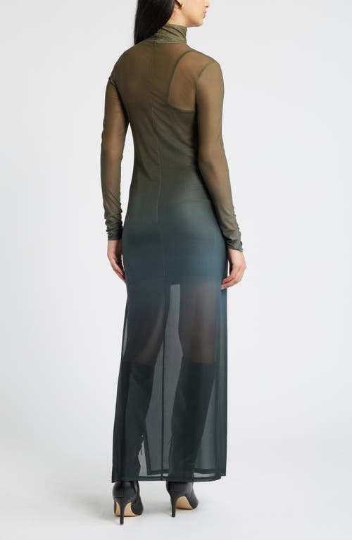 Open Edit Ombré Long Sleeve Mesh Maxi Dress In Olive Multi Ombre