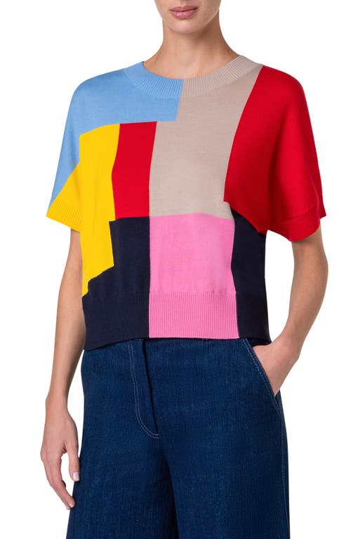 NYC Paper Collage Short Sleeve Cashwool Crop Sweater in Blue Multicolor