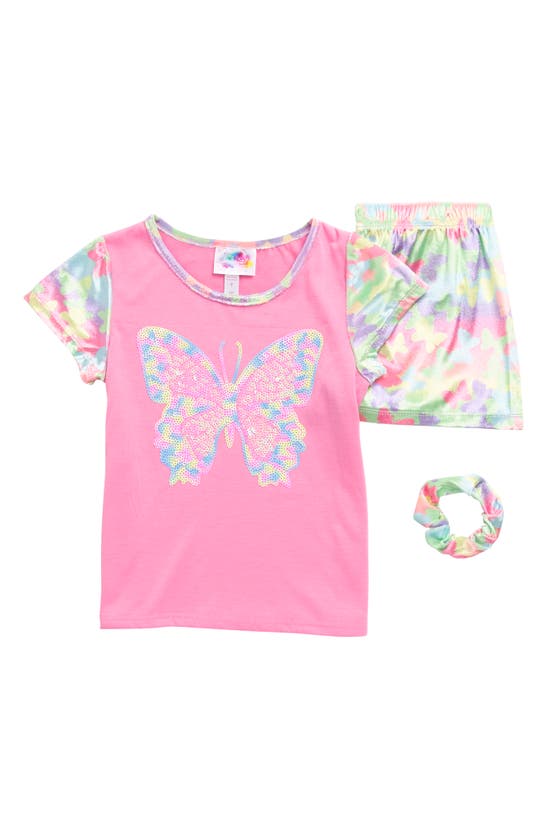 Btween Kids' Sequin Butterfly T-shirt, Shorts & Scrunchie Pajama Set In Pink