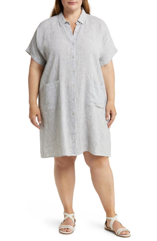Eileen Fisher Short Sleeve Linen Button Front Shirt Dress In White