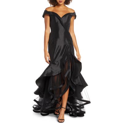 Ieena For MAC Duggal Hart Portrait Collar Tiered Taffeta Gown, Black