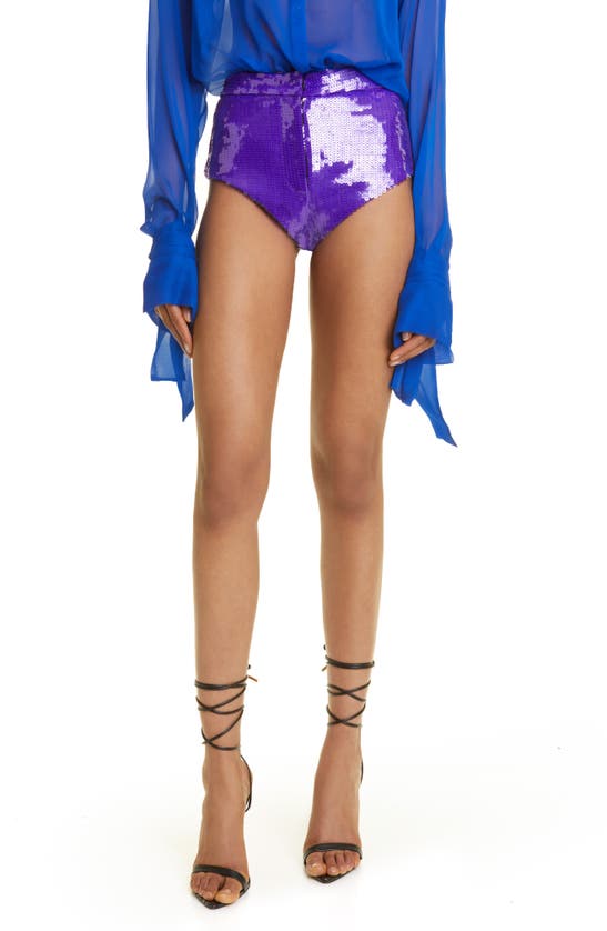 Shop Laquan Smith Sequin High Rise Hot Shorts In Grape