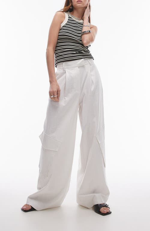 Shop Topshop Pleated Linen Blend Wide Leg Cargo Pants In White