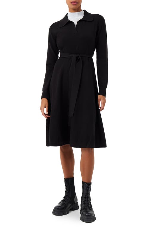 French Connection Judith Tie Waist Long Sleeve A-Line Dress Black at Nordstrom,