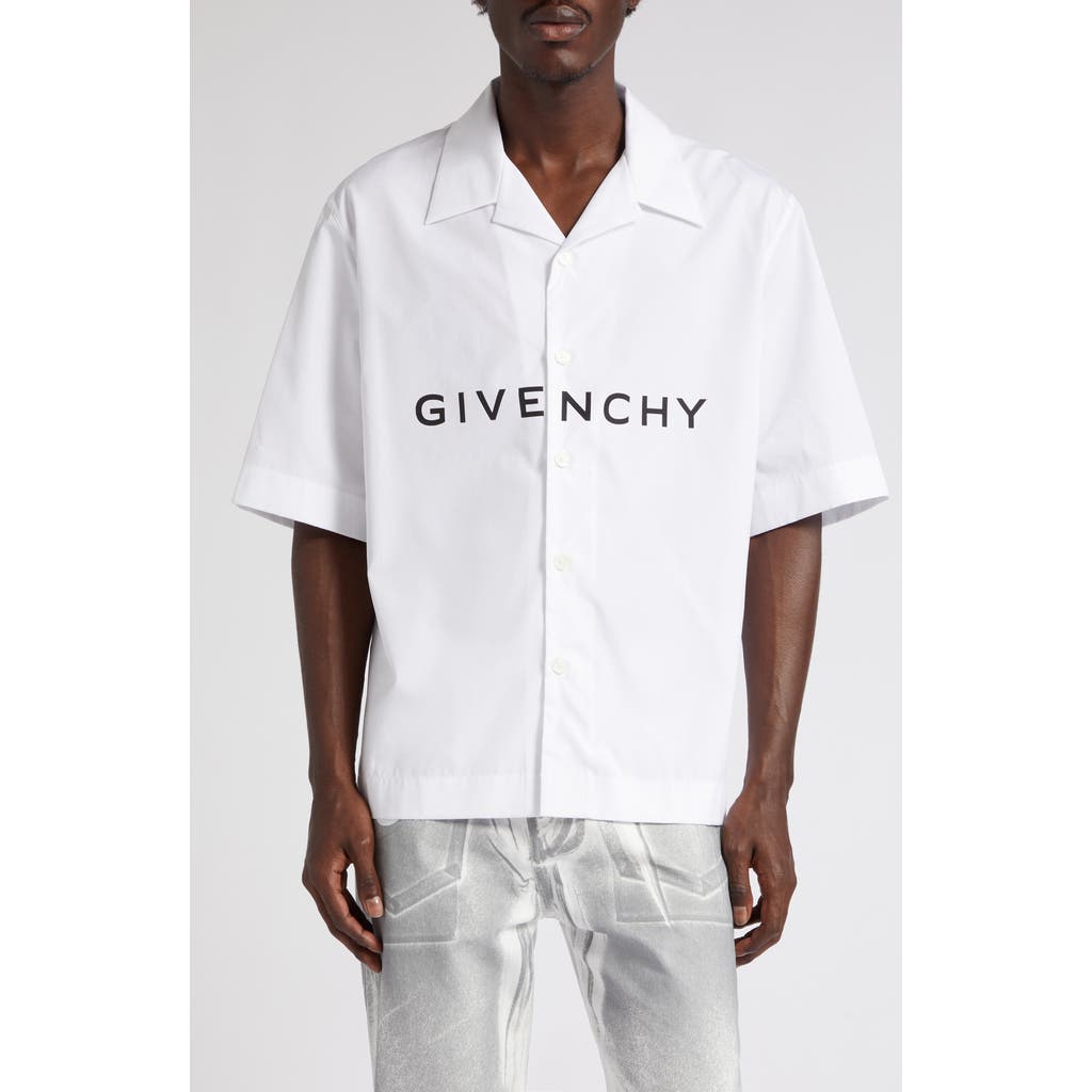 Givenchy Boxy Fit Logo Button-up Camp Shirt In White/black