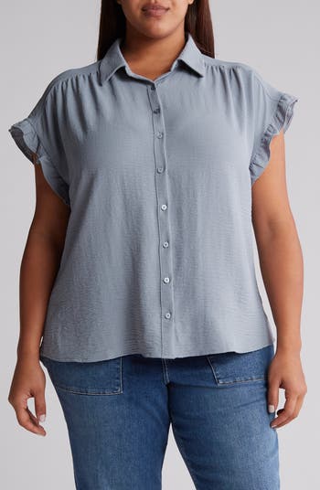 Crinkle Short Sleeve Ruffle Camp Shirt