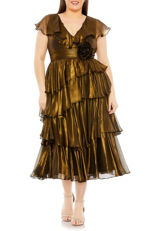 Metallic Ruffle Tiered Midi Cocktail Dress in Black Gold
