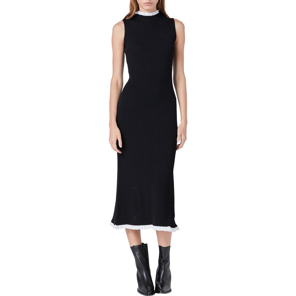 Endless Rose Ruffle Trim Rib Midi Dress In Black