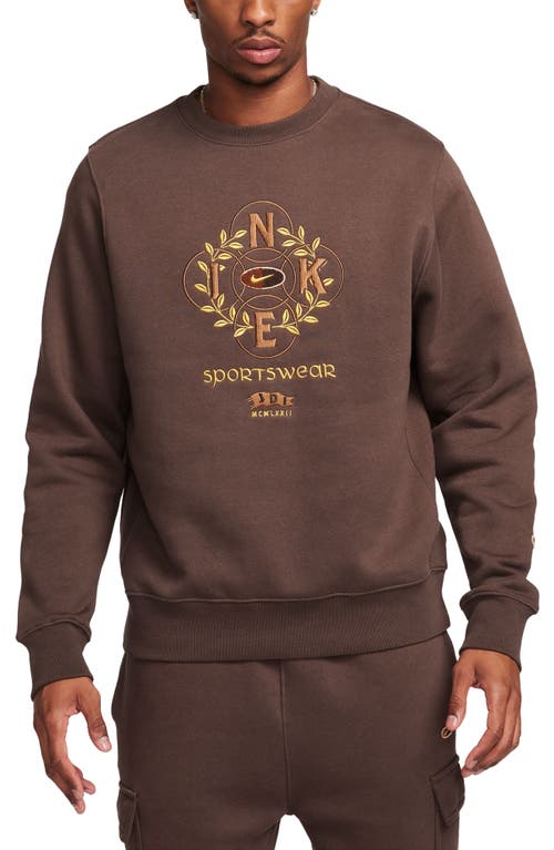 Shop Nike Sportswear Club Embroidered Crewneck Sweatshirt In Baroque Brown/ale Brown