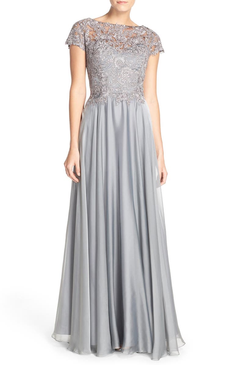 LA FEMME Lace & Satin A-Line Gown, Main, color, PLATINUM