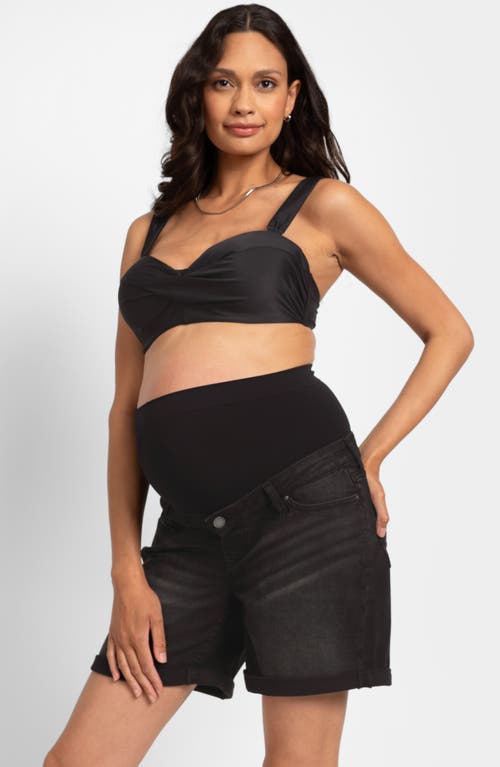 Shop Seraphine Over The Bump Denim Maternity Shorts In Black