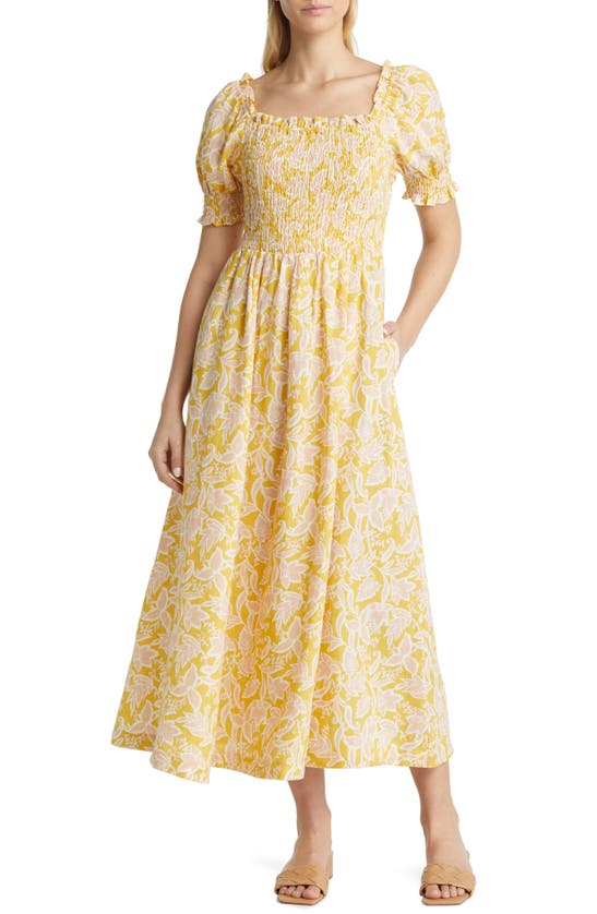 Boden Smocked Floral Linen Midi Dress In Butter, Wild Flora | ModeSens