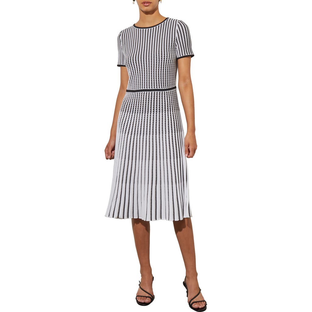 Ming Wang Grid Stripe Flare Knit Dress In White/black