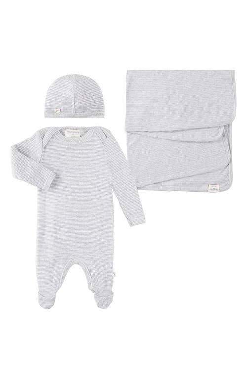 PAIGELAUREN Welcome Home Stripe Ribbed Footie, Cap & Blanket Set in Gray at Nordstrom, Size 0-3M