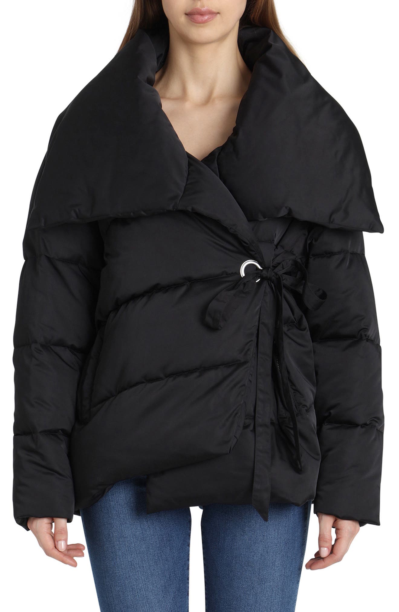 puffer coat with wrap collar