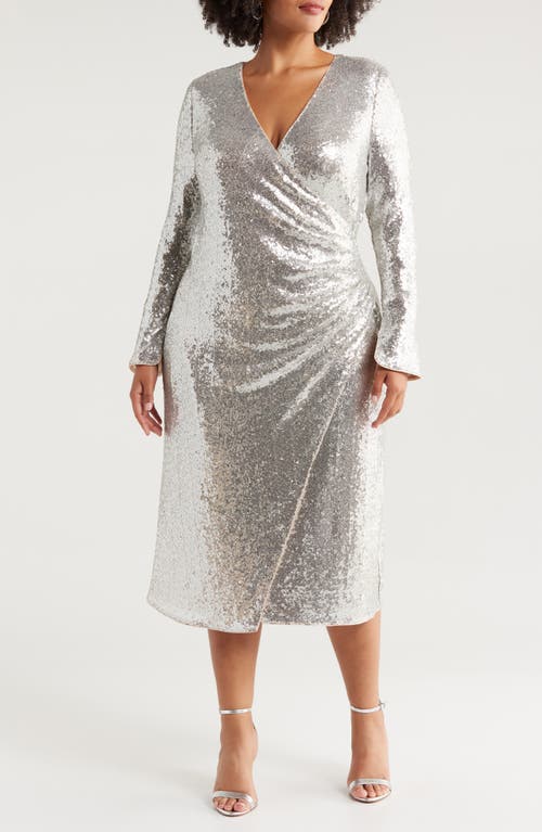 Chelsea28 Sequin Long Sleeve Faux Wrap Cocktail Dress in Silver 