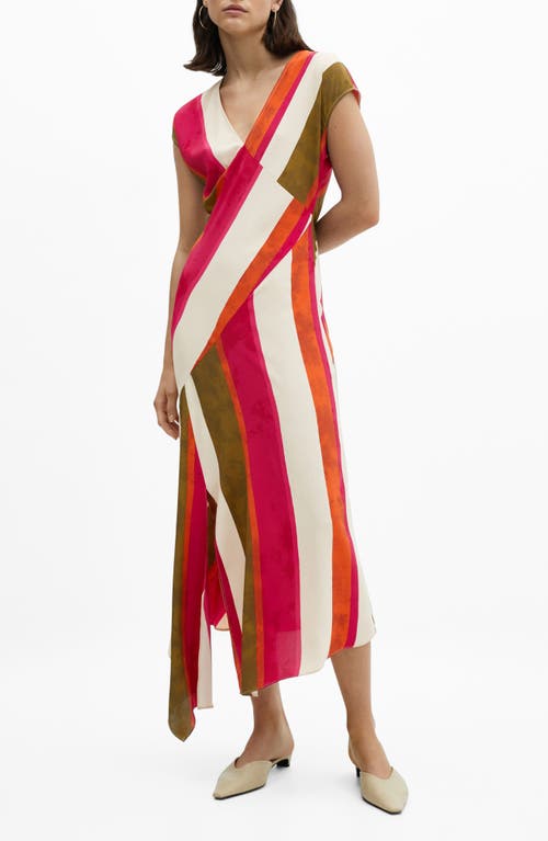 Mango Cherry Stripe Asymmetric Hem Midi Dress In Light Beige