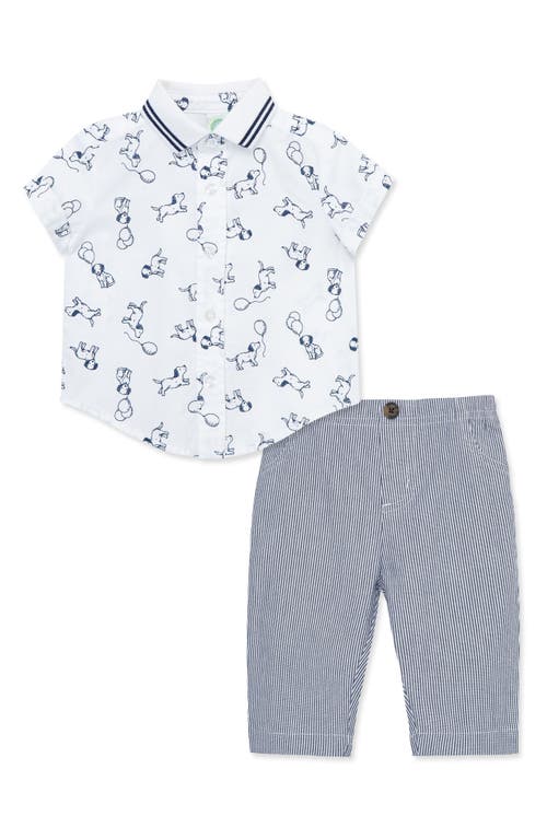 Little Me Puppies Short Sleeve Cotton Button-Up Shirt & Pants Set Blue at Nordstrom,