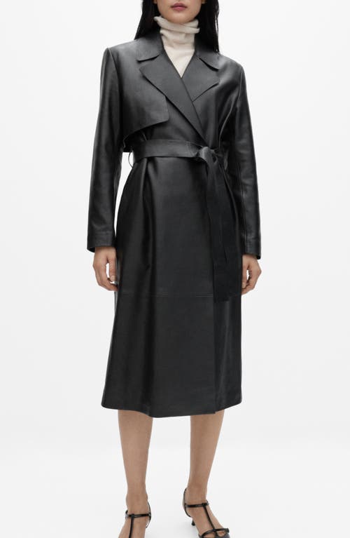 Mango Tie Waist Leather Trench Coat In Black