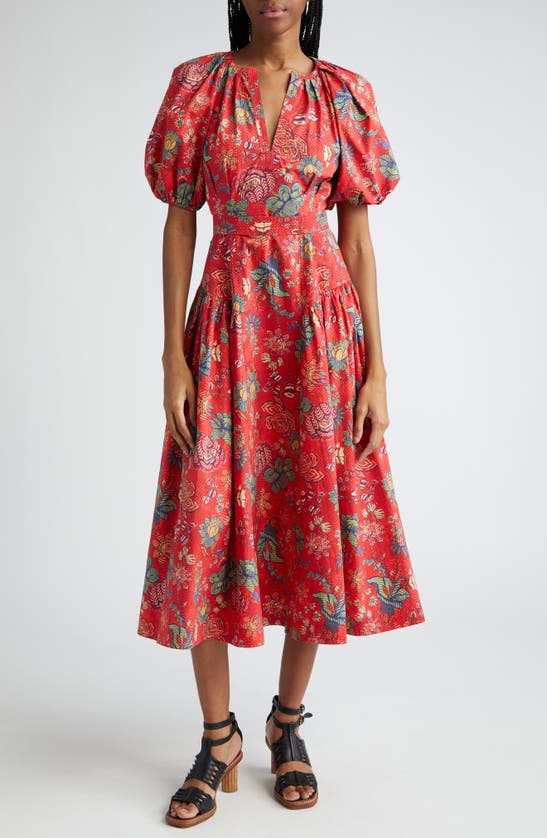 Shop Ulla Johnson Carina Print Puff Sleeve Midi Dress In Hibiscus