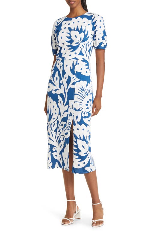 Boden Leaf Print Puff Sleeve Jersey Midi Dress in Sapphire Terrace