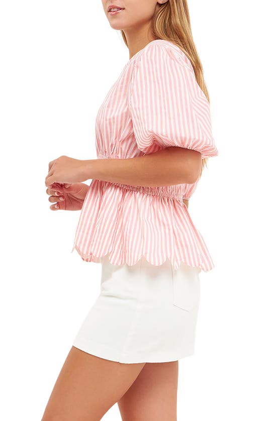 English Factory Stripe Puff Sleeve Peplum Top In Pink Stripes