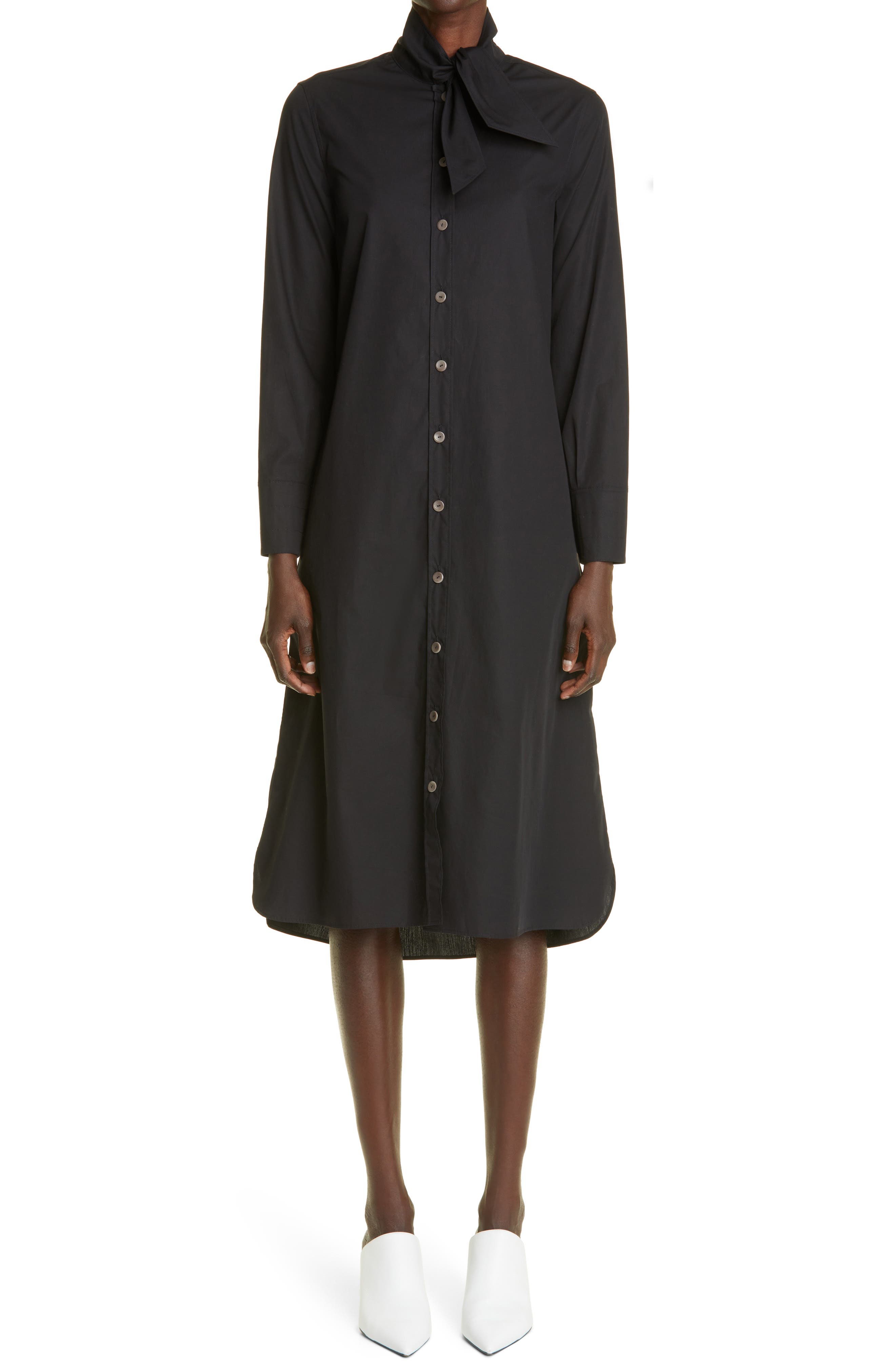 Maria McManus Long Sleeve Organic Cotton Midi Shirtdress in Black at Nordstrom