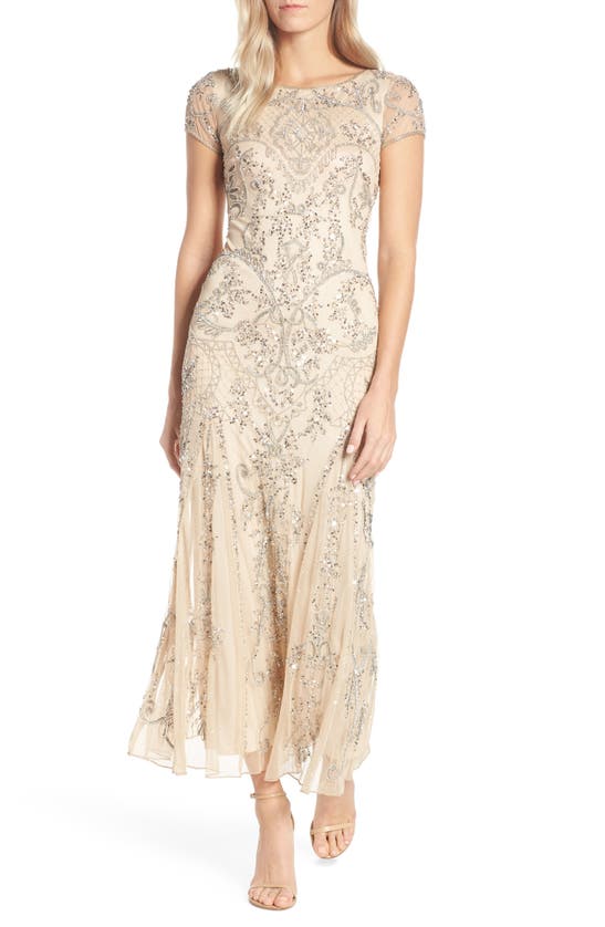 Pisarro Nights Beaded Mesh Column Gown In Champagne/ Silver