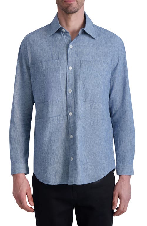 Karl Lagerfeld Paris Cotton & Linen Button-Up Shirt Blue-White at Nordstrom,