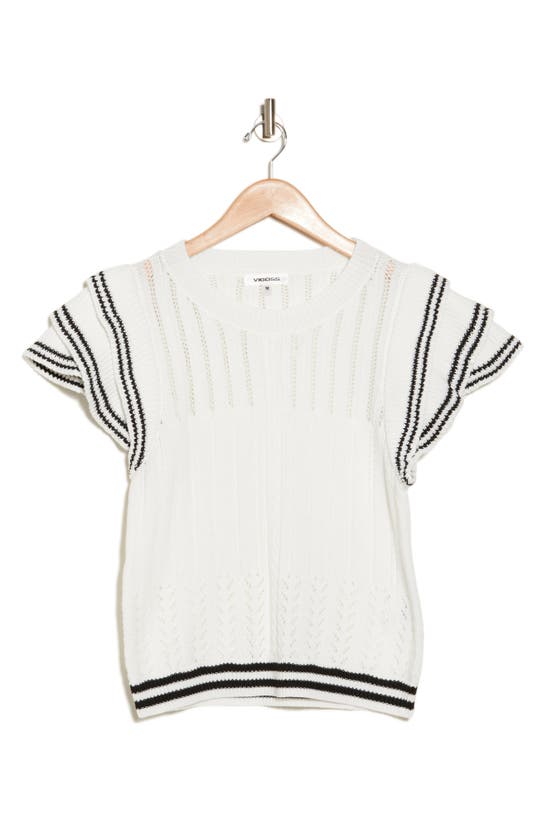 Shop Vigoss Ruffle Sleeve Pointelle Stitch Sweater In White/black