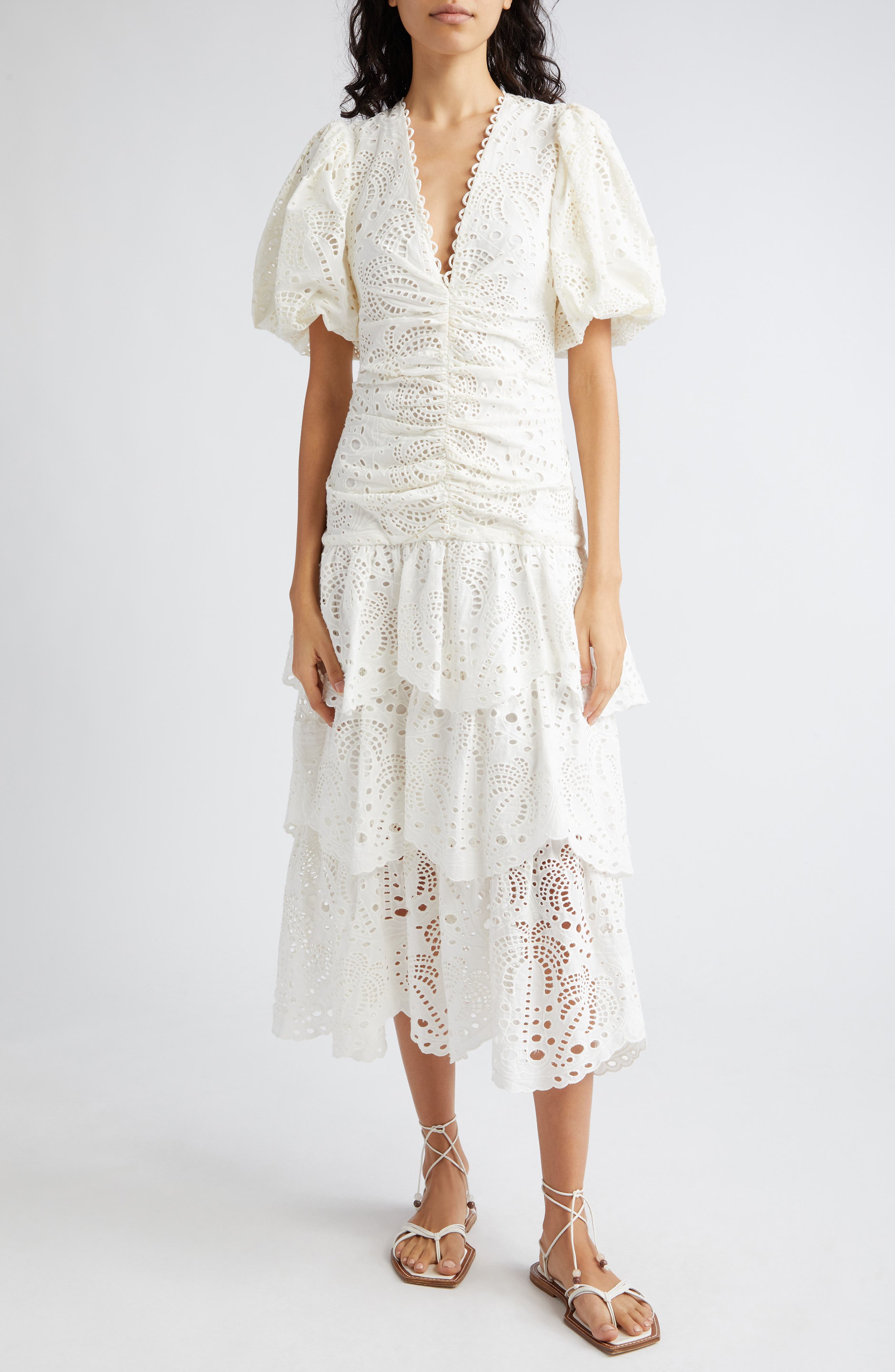 FARM Rio Eyelet Puff Sleeve Tiered Cotton Midi Dress | Nordstrom