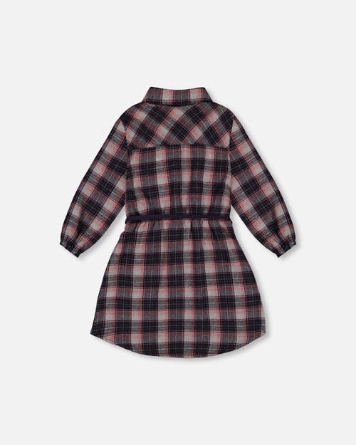 Shop Deux Par Deux Girl's Shirt Flannel Dress With Belt Plaid Navy And Pink In Plaid Outdoor