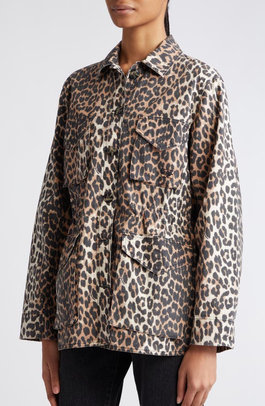 Ganni Leopard Canvas Oversized Midi Jacket In Almond Milk