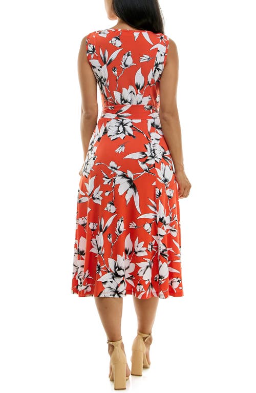 Shop Nina Leonard Crewneck Sleeveless Midi Dress In Bright Orange/ivory