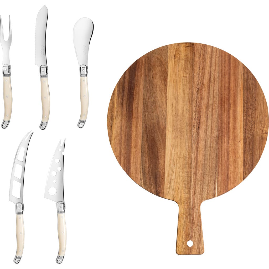 French Home Laguiole 6pc Artisan Cheese Knife Set & Round Wood Board In Ivory And Wood