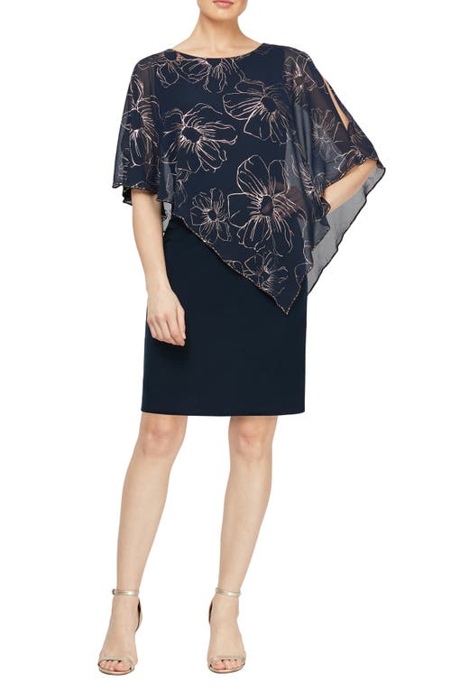 SL FASHIONS Foil Floral Print Asymmetrical Overlay Cocktail Dress Navy/Rose Gld at Nordstrom, P