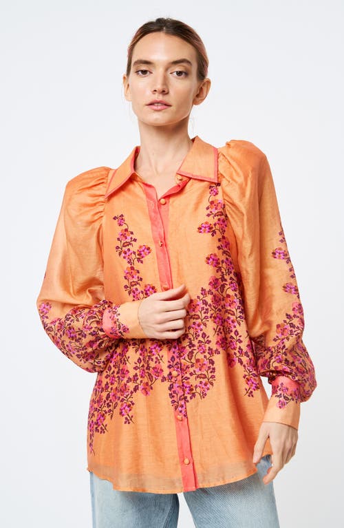 Shop Ciebon Valerie Embroidered Puff Shoulder Shirt In Coral Blush