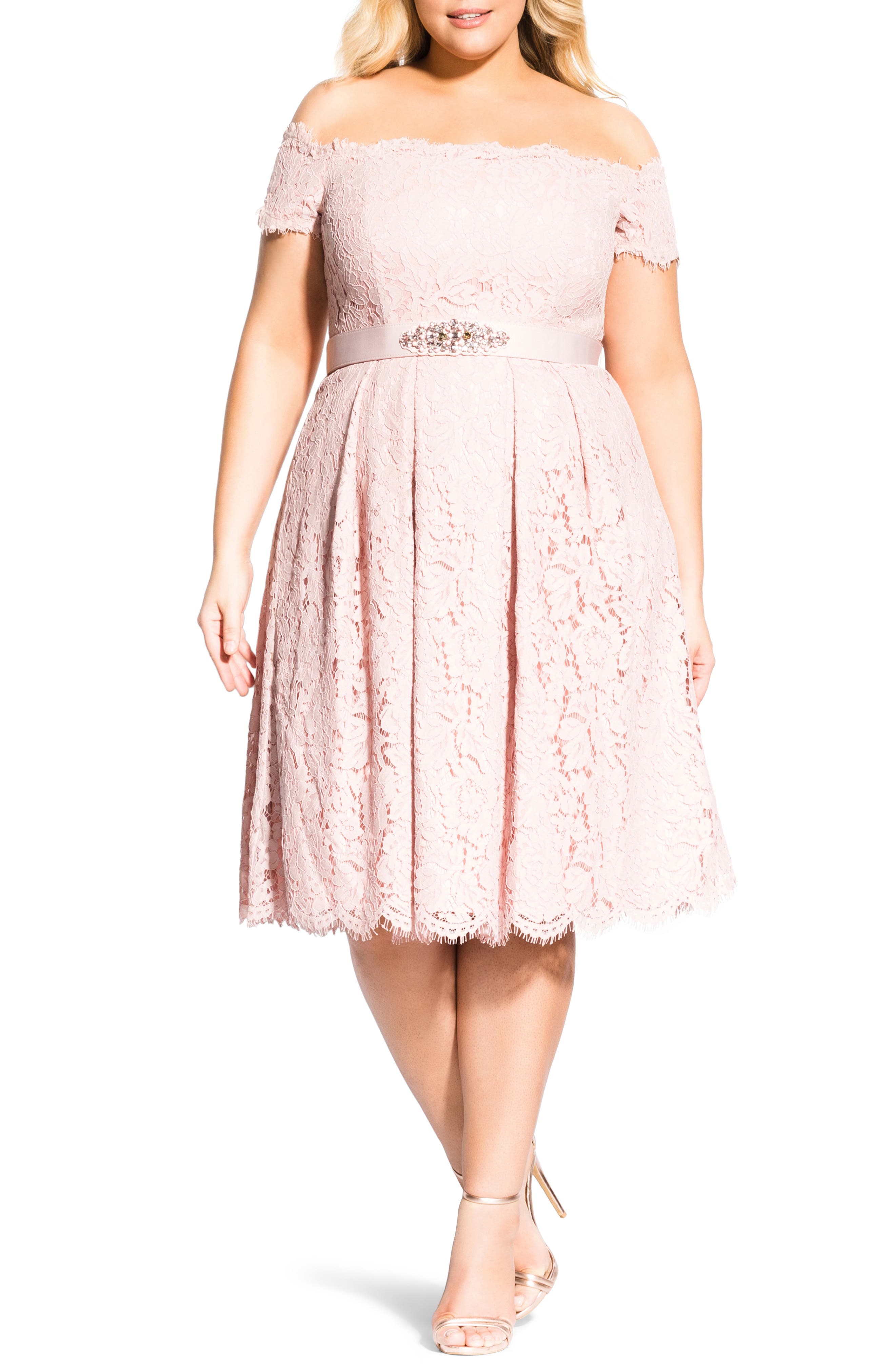 Plus Size City Chic Off The Shoulder Lace Dreams Dress, Pink