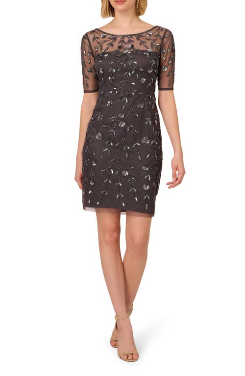 Shop Adrianna Papell Floral Beaded Cocktail Dress In Gunmetal