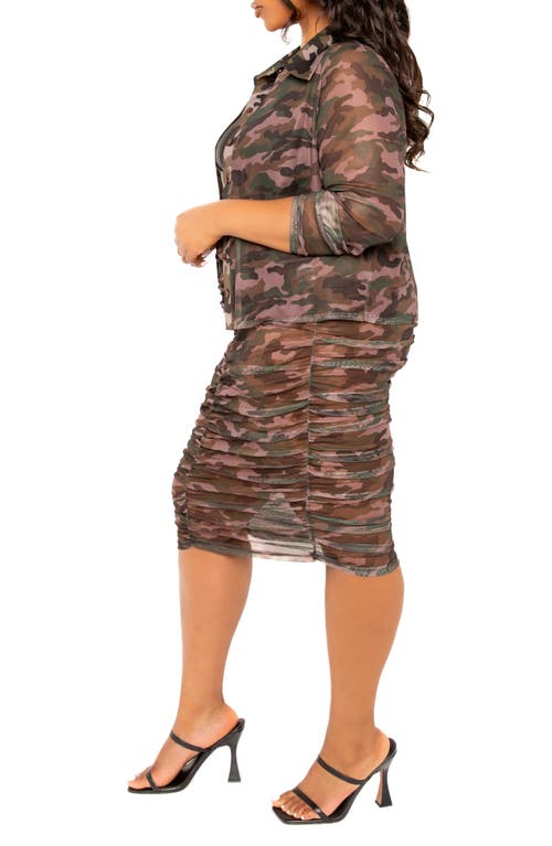 Shop Buxom Couture Camo Semisheer Mesh Button-up Shirt & Body-con Skirt In Green Multi